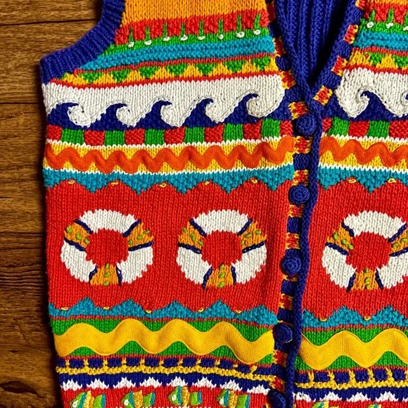 Marisa Christina ~ Large ~ Hand Knitted ~ Orange/Yellow/Blue ~ Ocean/Fish ~ Vest - Picture 10 of 16